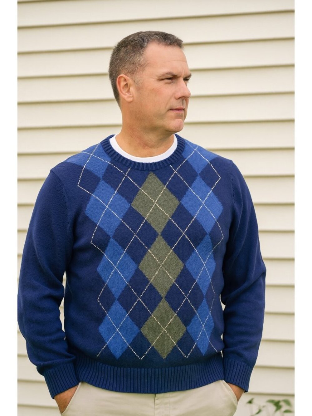 Land's End Sweater XXL Navy Blue Argyle Cotton Knit Crewneck Pullover Preppy